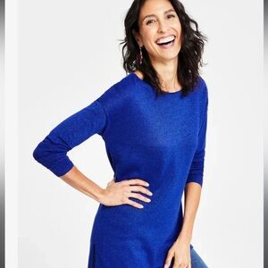 INC Step-Hem Long-sleeve Boatneck Sweater Metallic Blue XXL